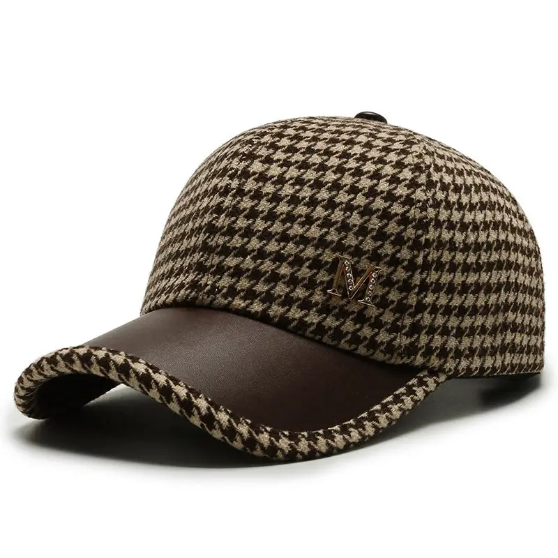 Houndstooth Leather Cap for Men Winter - Image 3