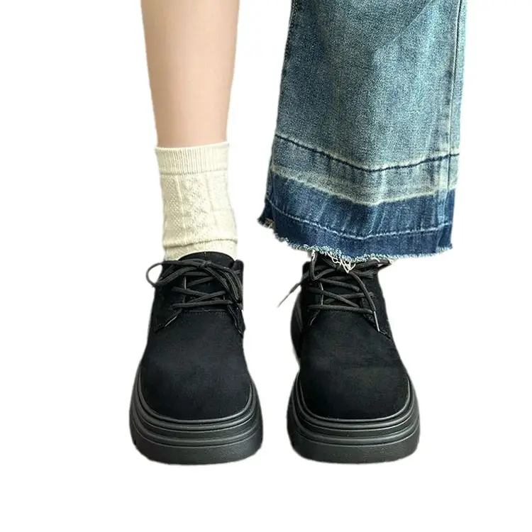 Women Retro British Lace-Up Boots Black Winter