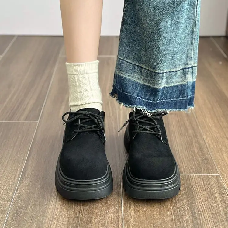 Women Retro British Lace-Up Boots Black Winter