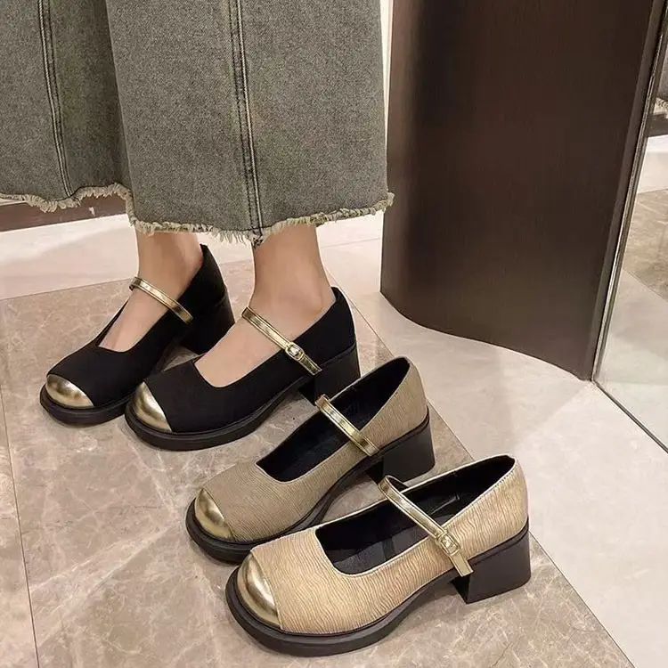 Women French Heel Mary Jane Shoes Black Gold
