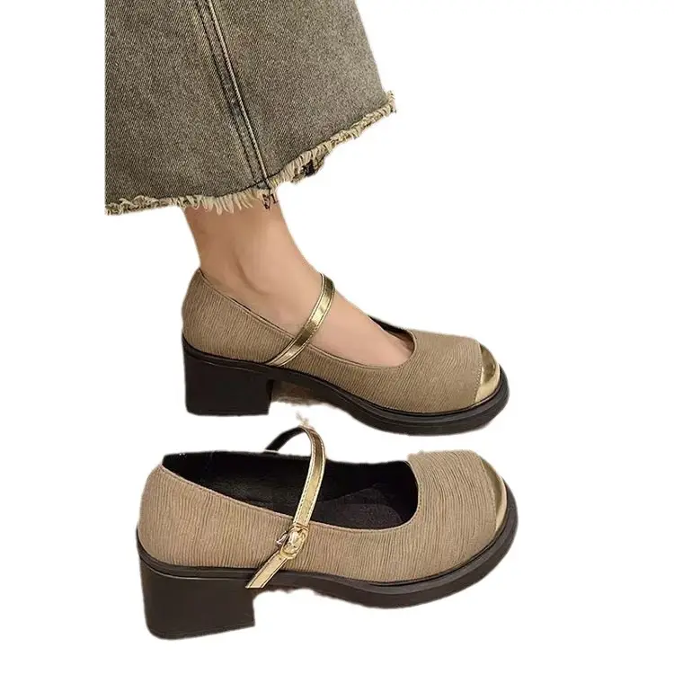 Women French Heel Mary Jane Shoes Black Gold