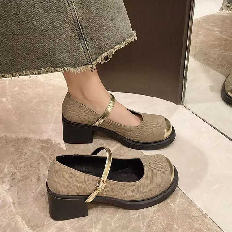 Women French Heel Mary Jane Shoes Black Gold