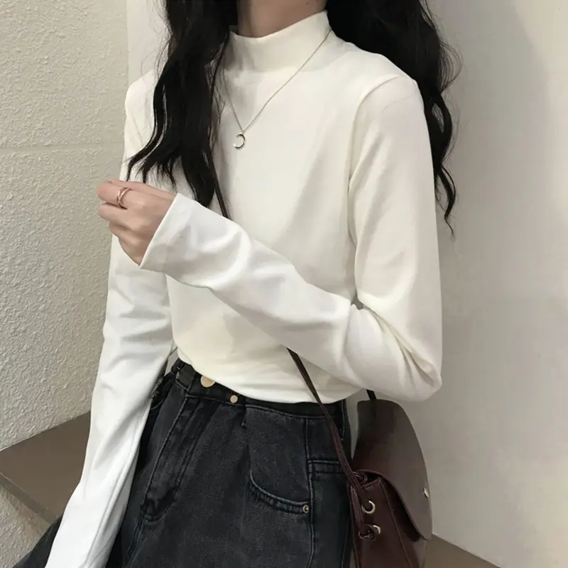 Velvet Mock Collar Base Shirt Women's Inner Wear Autumn and Winter Inner Wear New Long Sleeve T-Shirt Slim Warm Top Wear