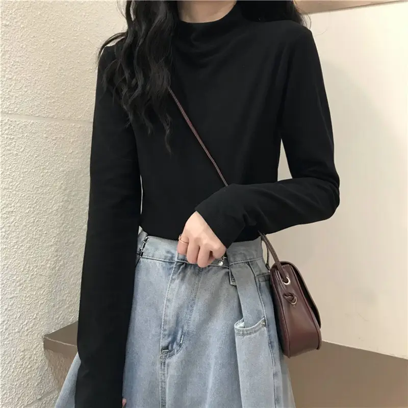 Velvet Mock Collar Base Shirt Women's Inner Wear Autumn and Winter Inner Wear New Long Sleeve T-Shirt Slim Warm Top Wear