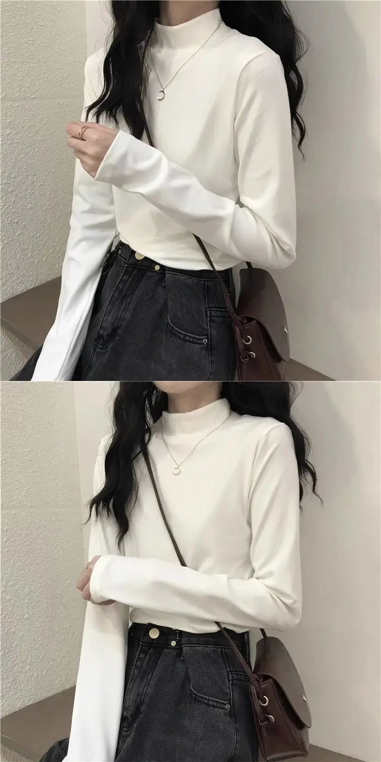Velvet Mock Collar Base Shirt Women's Inner Wear Autumn and Winter Inner Wear New Long Sleeve T-Shirt Slim Warm Top Wear — feature 5