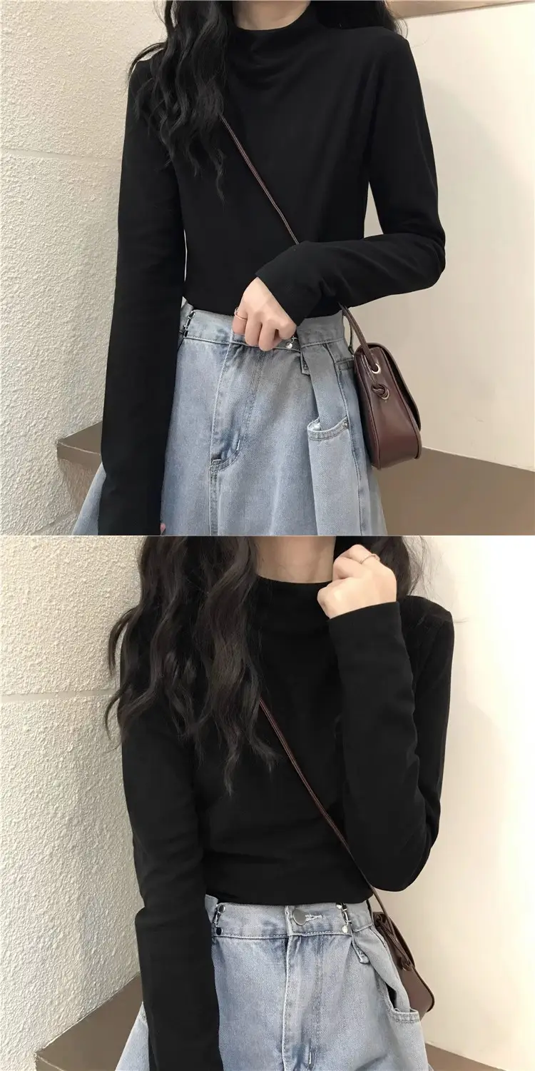 Velvet Mock Collar Base Shirt Women's Inner Wear Autumn and Winter Inner Wear New Long Sleeve T-Shirt Slim Warm Top Wear — feature 6