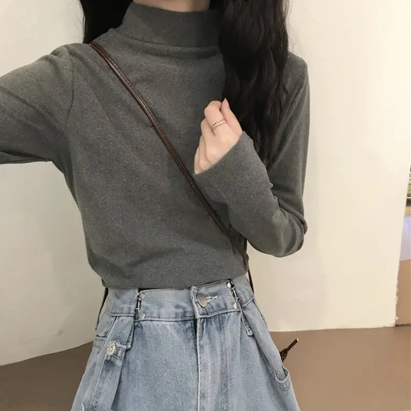 Velvet Mock Collar Base Shirt Women's Inner Wear Autumn and Winter Inner Wear New Long Sleeve T-Shirt Slim Warm Top Wear — feature 7