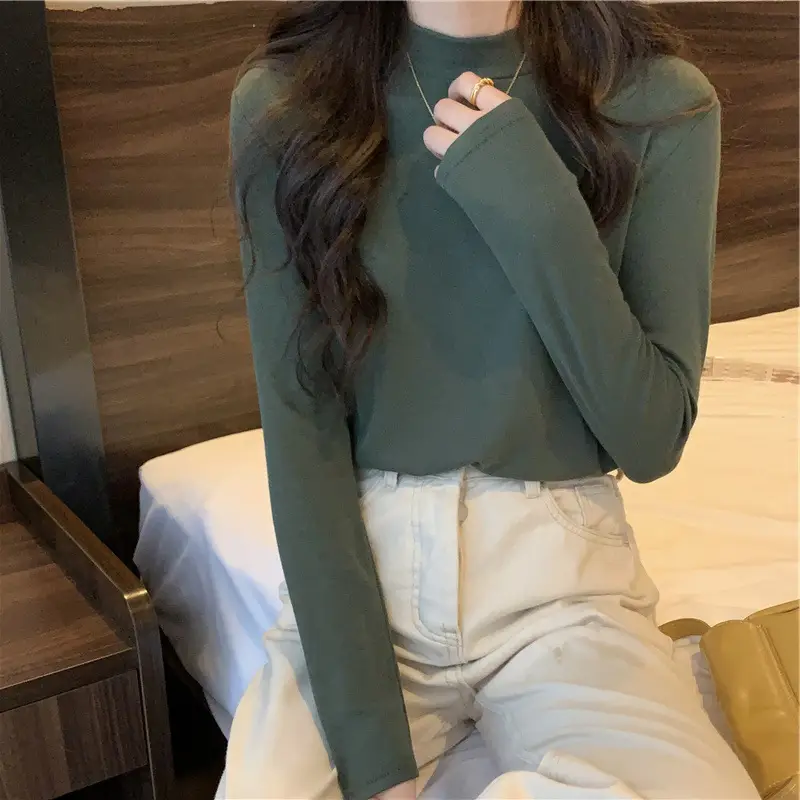 Velvet Mock Collar Base Shirt Women's Inner Wear Autumn and Winter Inner Wear New Long Sleeve T-Shirt Slim Warm Top Wear
