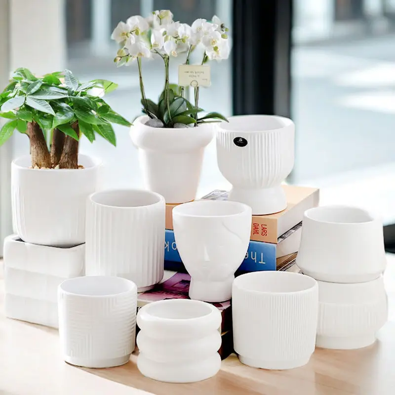 High Color Value Ceramic Flower Pot with Tray White Simple Nordic Ins Style Fleshy Flower Pot Internet Celebrity All-match Home Pot