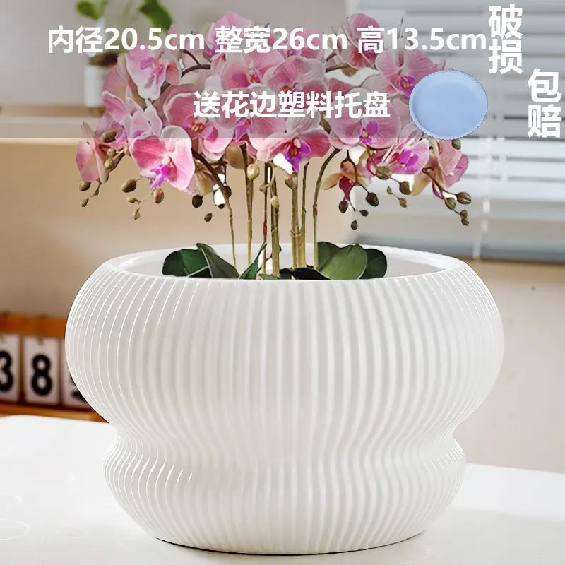 High Color Value Ceramic Flower Pot with Tray White Simple Nordic Ins Style Fleshy Flower Pot Internet Celebrity All-match Home Pot