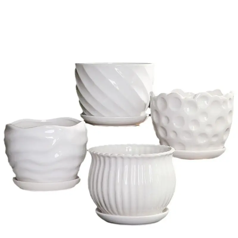 High Color Value Ceramic Flower Pot with Tray White Simple Nordic Ins Style Fleshy Flower Pot Internet Celebrity All-match Home Pot
