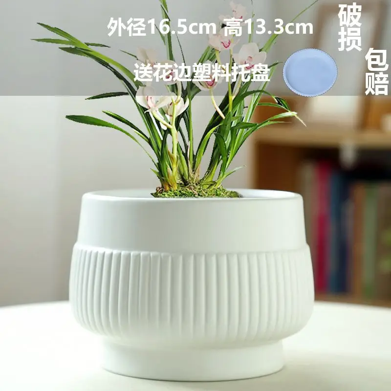 High Color Value Ceramic Flower Pot with Tray White Simple Nordic Ins Style Fleshy Flower Pot Internet Celebrity All-match Home Pot