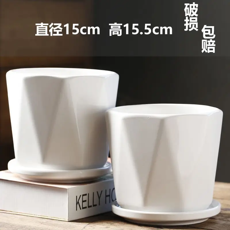 High Color Value Ceramic Flower Pot with Tray White Simple Nordic Ins Style Fleshy Flower Pot Internet Celebrity All-match Home Pot