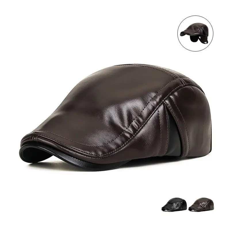 Winter Men's Black Leather Peaked Hat with Ear Protection - Image 3