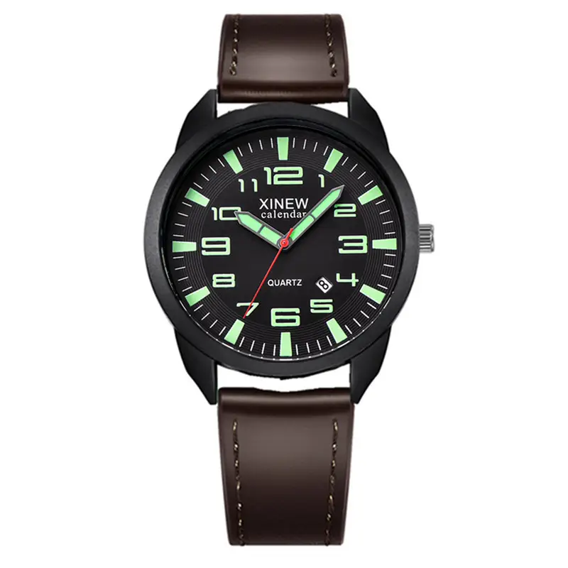 Men's Black Leather Date Quartz Wrist Watch - Image 3