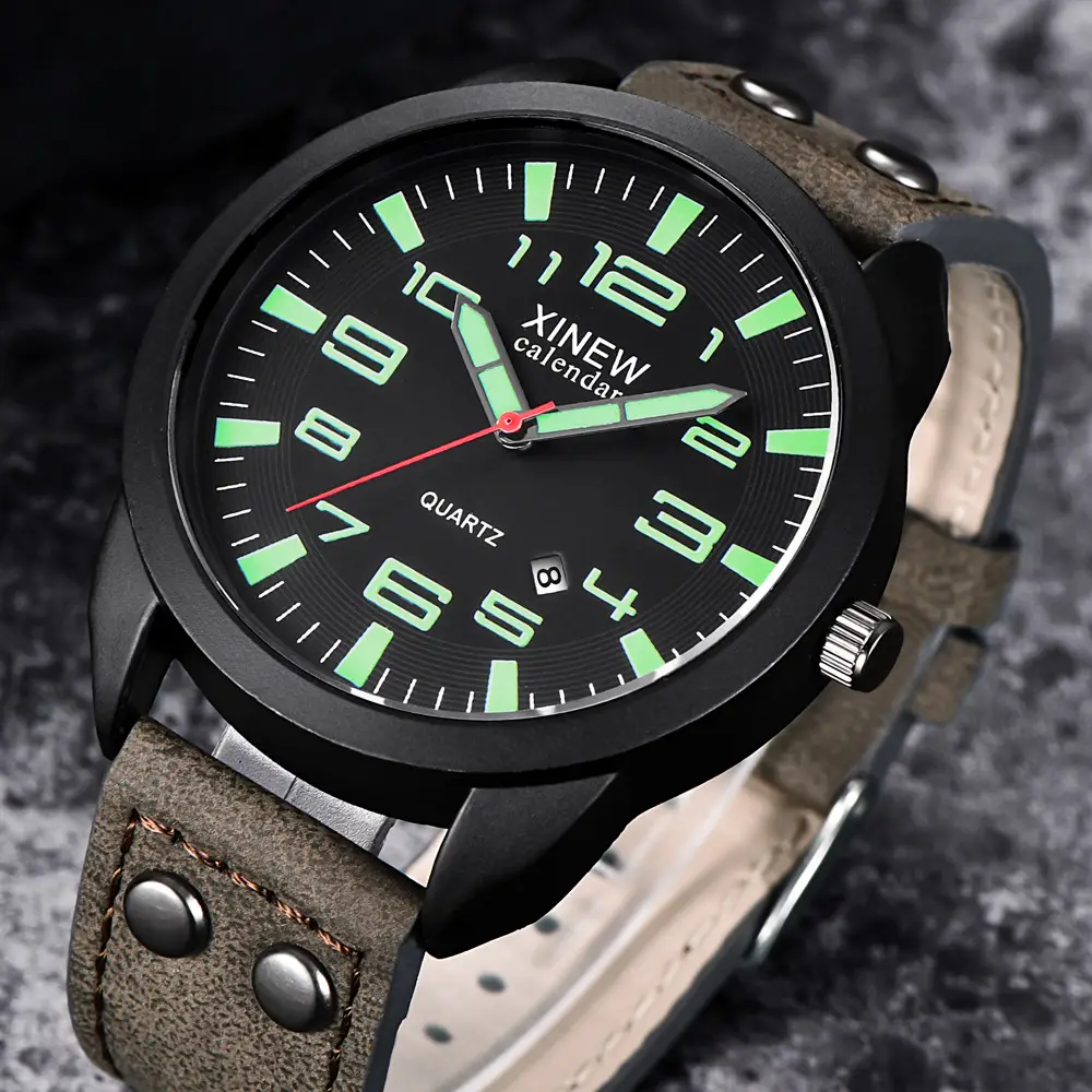 Men's Black Leather Date Quartz Wrist Watch - Image 12