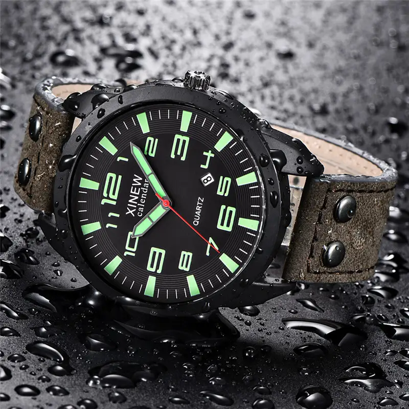Men's Black Leather Date Quartz Wrist Watch — feature 13