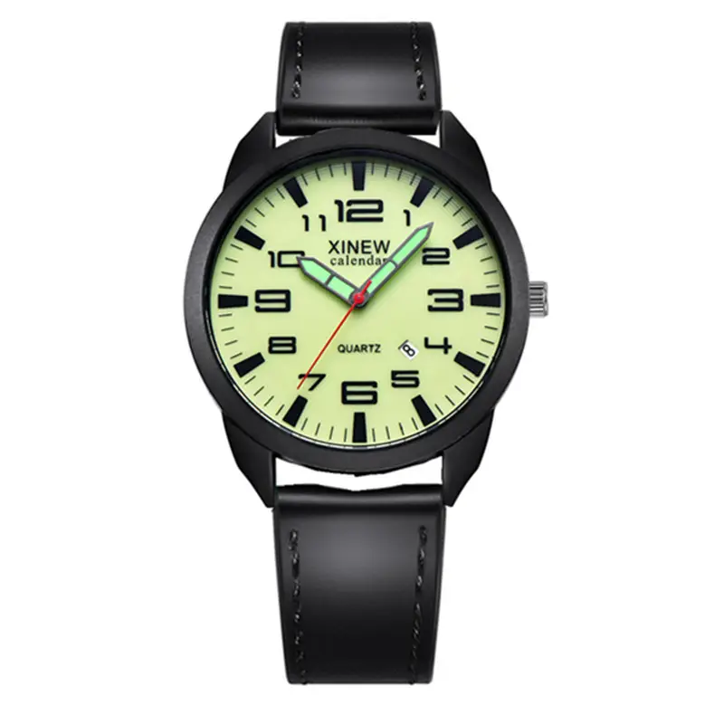 Men's Black Leather Date Quartz Wrist Watch - Image 2