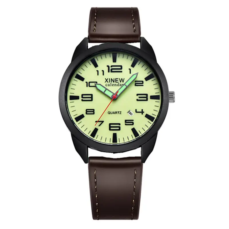Men's Black Leather Date Quartz Wrist Watch - Image 4