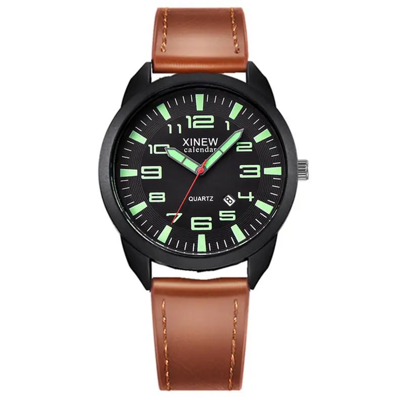 Men's Black Leather Date Quartz Wrist Watch - Image 5