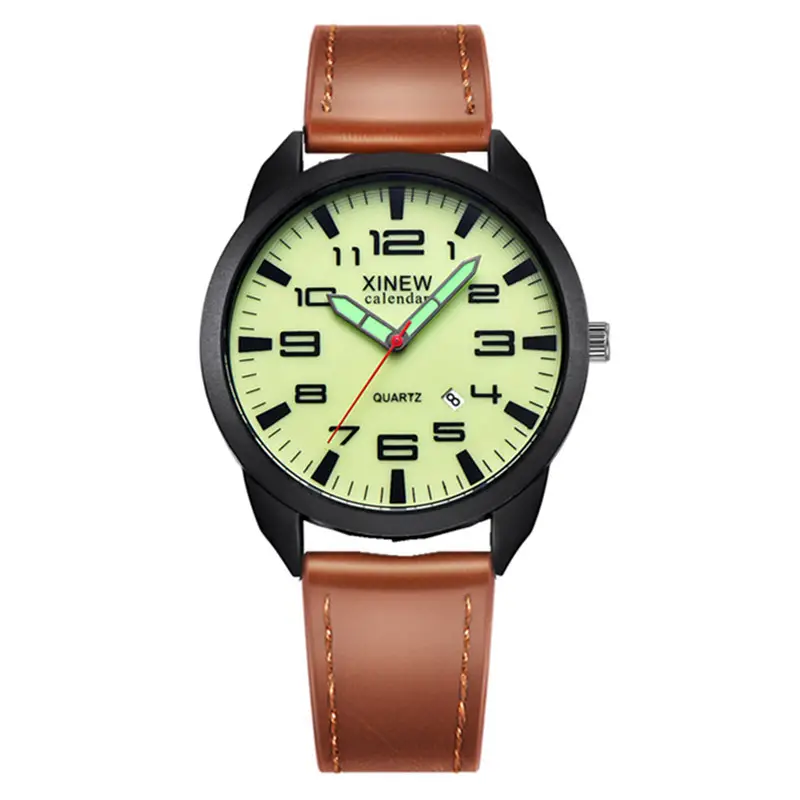 Men's Black Leather Date Quartz Wrist Watch - Image 6