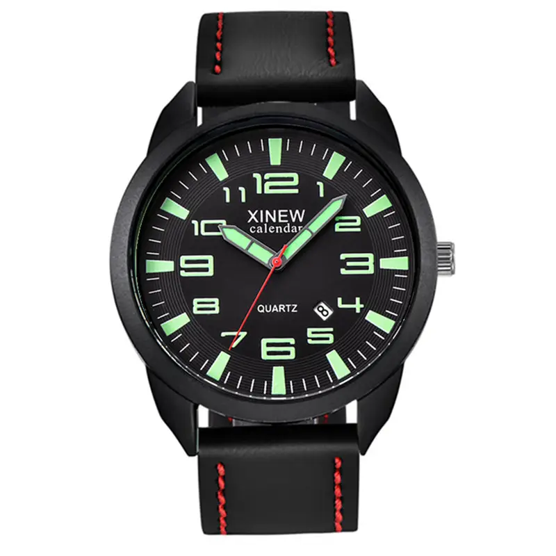 Men's Black Leather Date Quartz Wrist Watch - Image 7