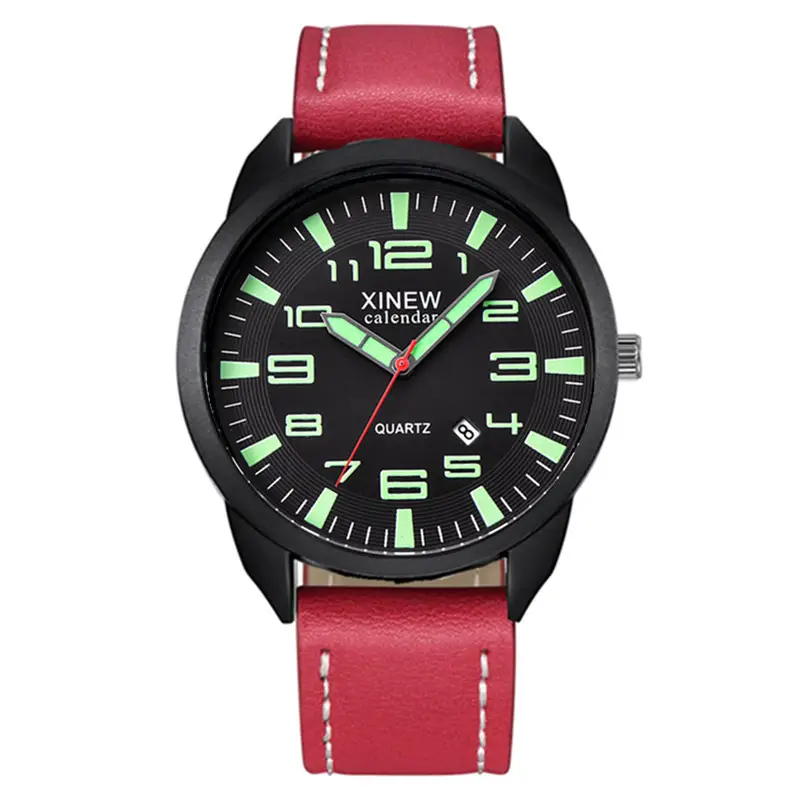 Men's Black Leather Date Quartz Wrist Watch - Image 9