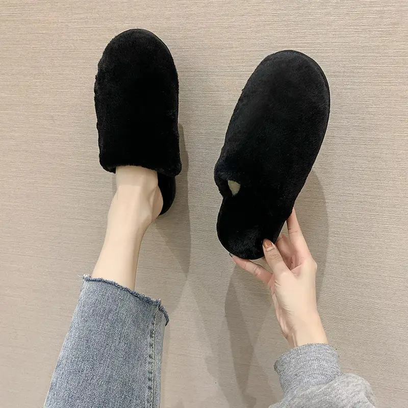 Cotton Slippers Women's Autumn and Winter Outfit Indoor Home and Household Plush Warm-keeping Baotou Non-slip Moon Flat Wool Slippers