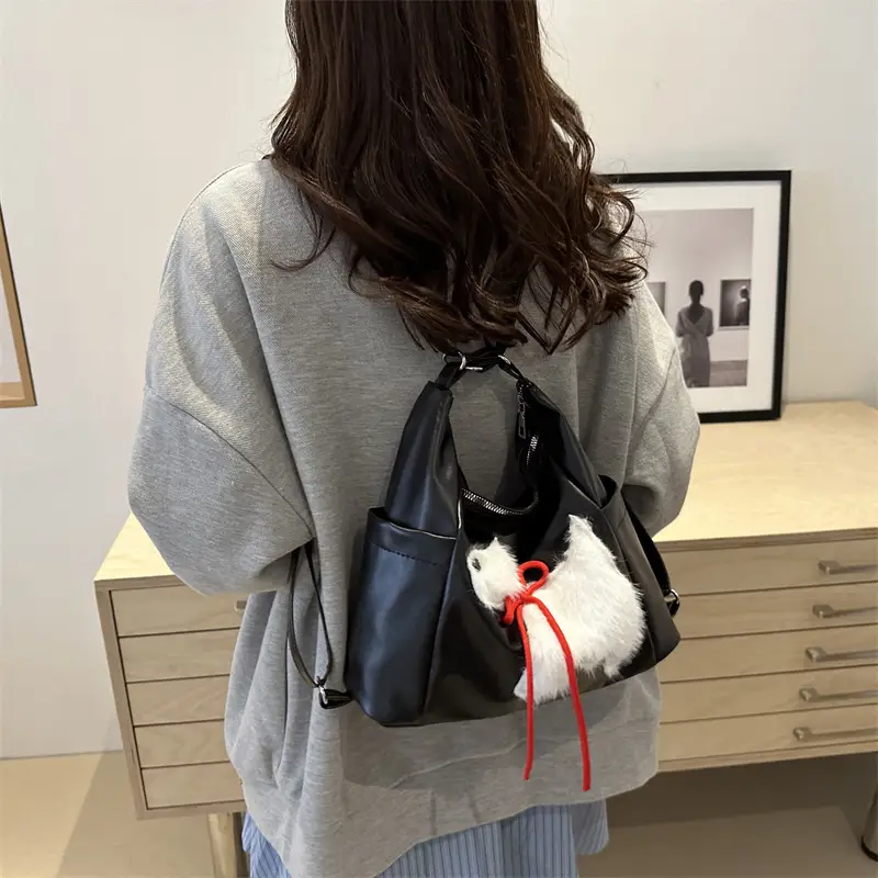 Women's Black Embroidered Shoulder Bag with Red Bow - Image 4