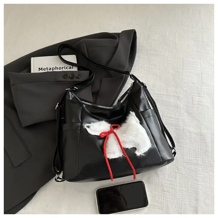 Women's Black Embroidered Shoulder Bag with Red Bow — feature 10