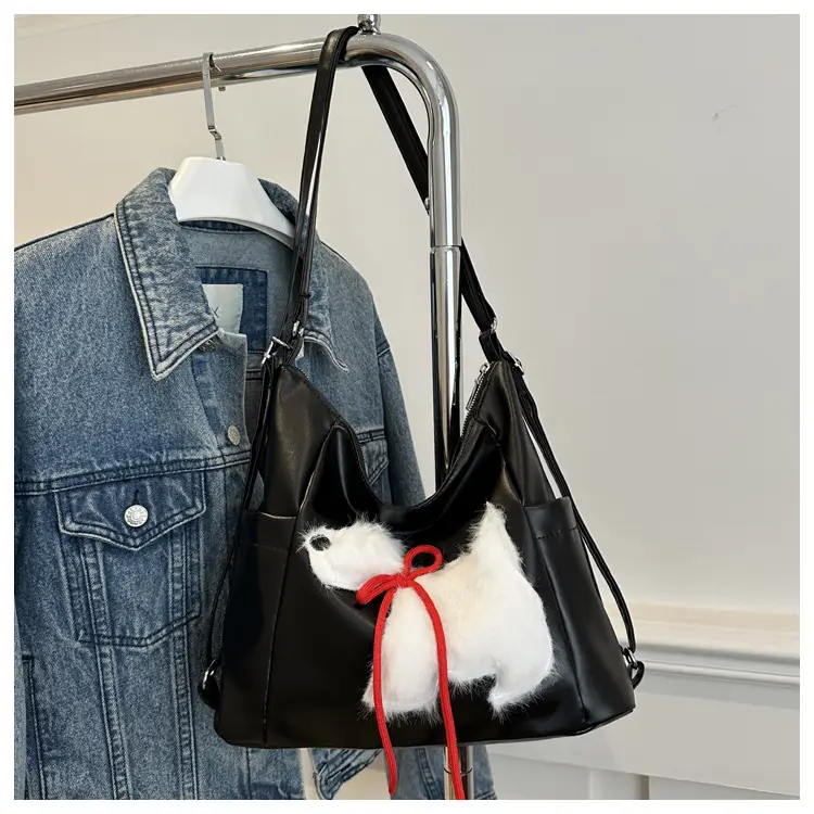Women's Black Embroidered Shoulder Bag with Red Bow — feature 25