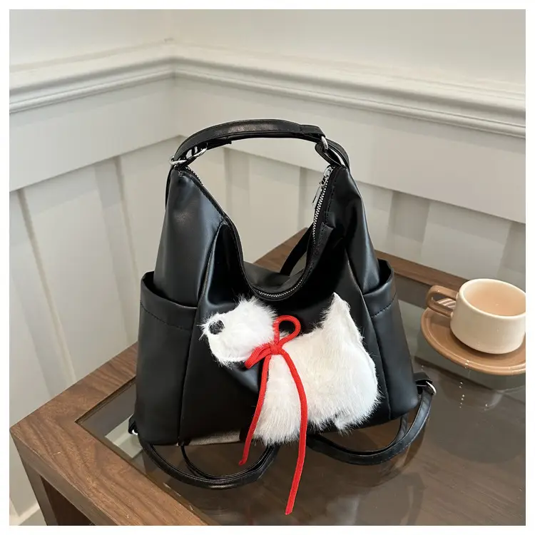 Women's Black Embroidered Shoulder Bag with Red Bow — feature 30