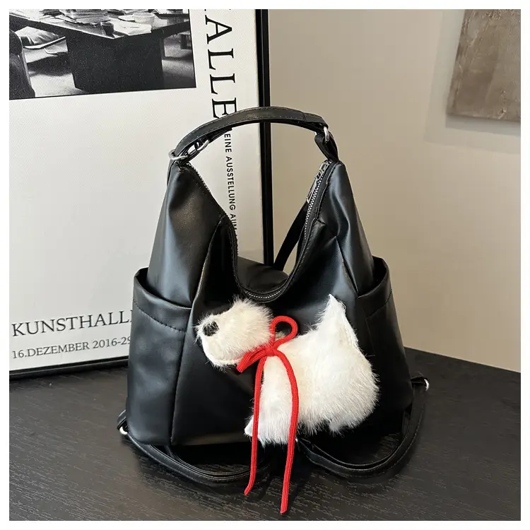 Women's Black Embroidered Shoulder Bag with Red Bow — feature 37