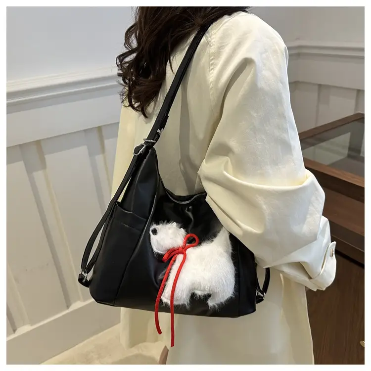 Women's Black Embroidered Shoulder Bag with Red Bow — feature 42