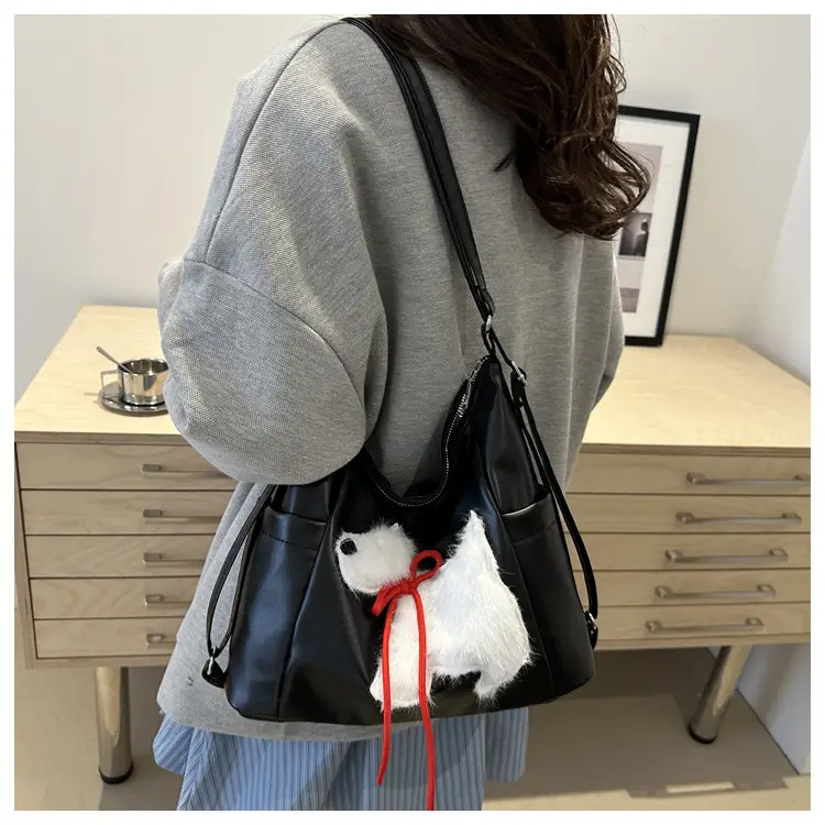 Women's Black Embroidered Shoulder Bag with Red Bow — feature 46