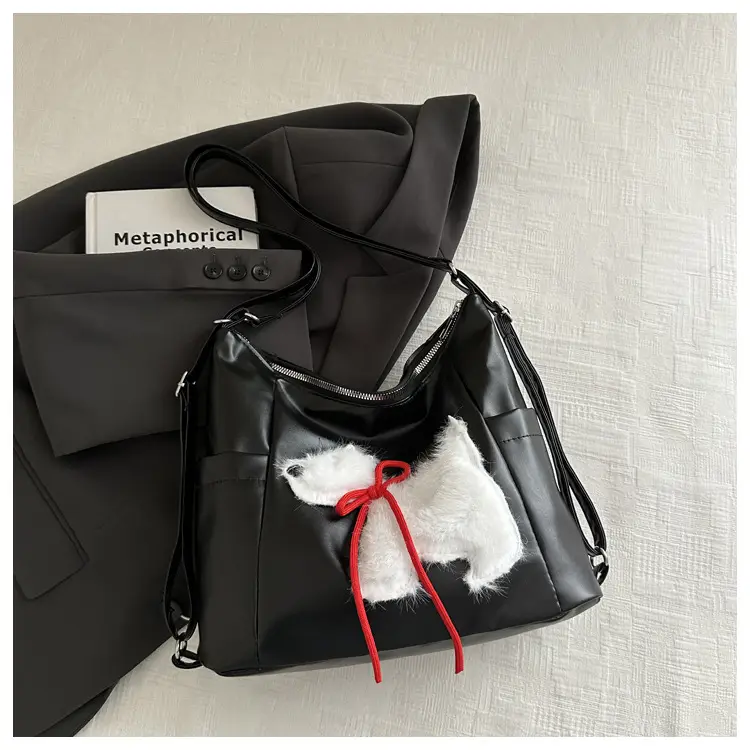 Women's Black Embroidered Shoulder Bag with Red Bow — feature 9