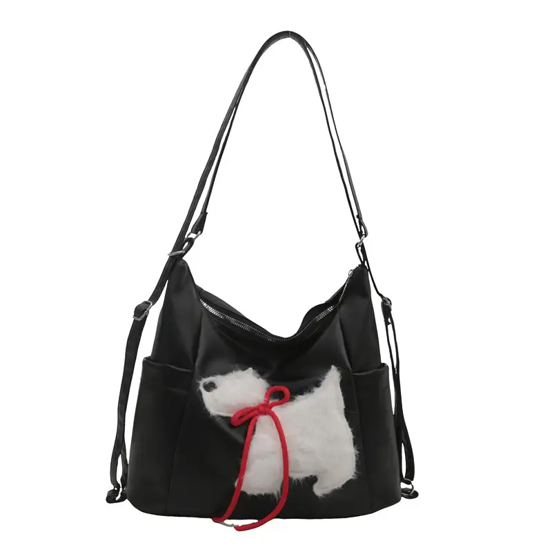 Women's Black Embroidered Shoulder Bag with Red Bow - Image 2