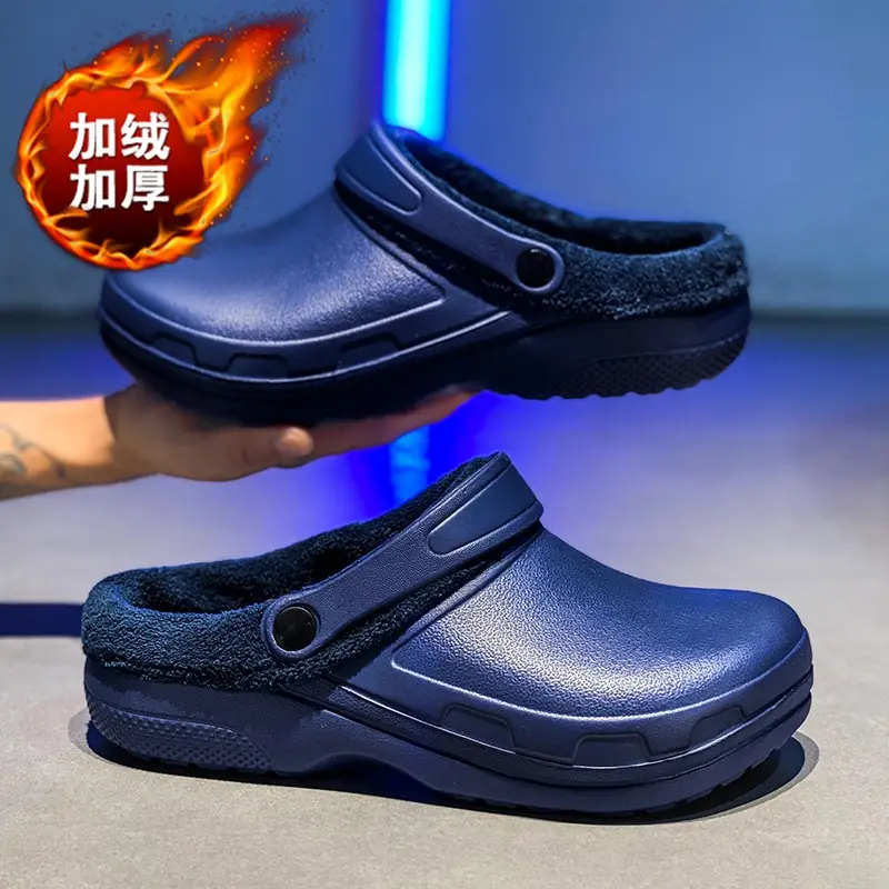 Cross-border plus size Winter fleece-lined Warm Baotou Cotton Slippers Men's Thick-soled Lazy Slip-on Waterproof Kitchen Work Shoes - Image 5