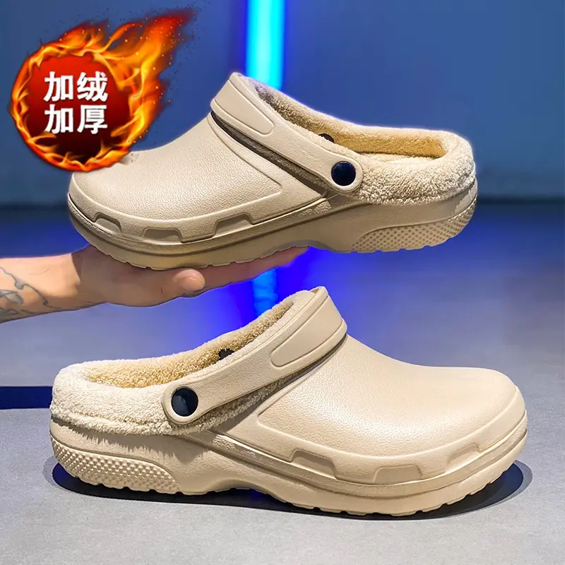 Cross-border plus size Winter fleece-lined Warm Baotou Cotton Slippers Men's Thick-soled Lazy Slip-on Waterproof Kitchen Work Shoes - Image 6