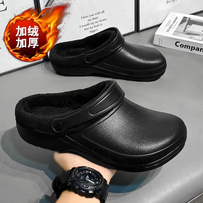 Cross-border plus size Winter fleece-lined Warm Baotou Cotton Slippers Men's Thick-soled Lazy Slip-on Waterproof Kitchen Work Shoes - Image 7