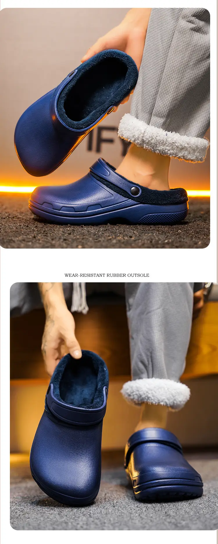 Cross-border plus size Winter fleece-lined Warm Baotou Cotton Slippers Men's Thick-soled Lazy Slip-on Waterproof Kitchen Work Shoes — feature 11