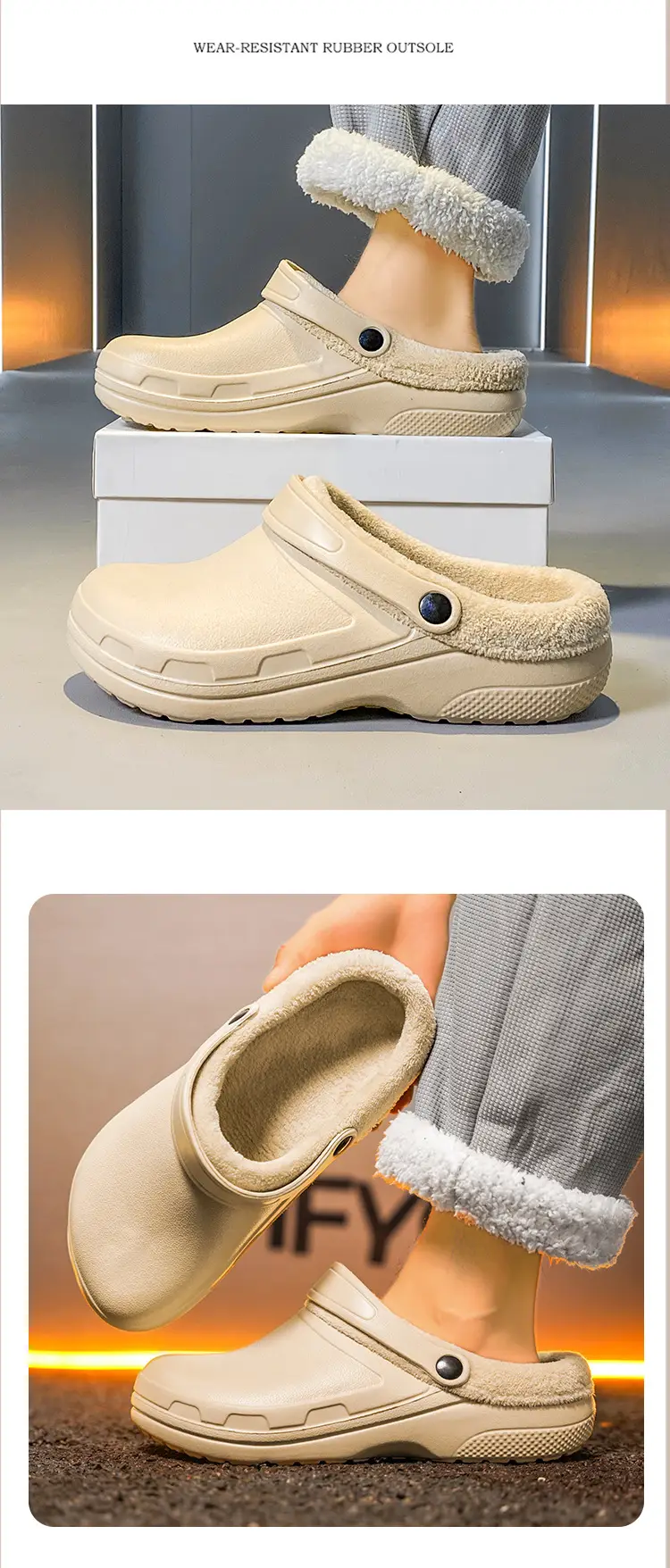 Cross-border plus size Winter fleece-lined Warm Baotou Cotton Slippers Men's Thick-soled Lazy Slip-on Waterproof Kitchen Work Shoes — feature 12