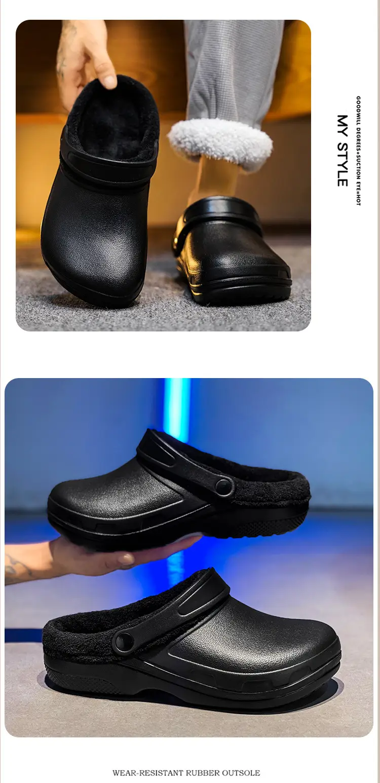 Cross-border plus size Winter fleece-lined Warm Baotou Cotton Slippers Men's Thick-soled Lazy Slip-on Waterproof Kitchen Work Shoes — feature 9
