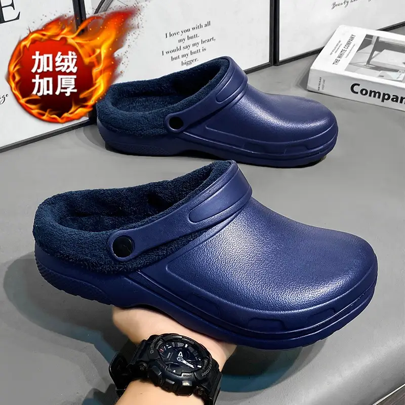Cross-border plus size Winter fleece-lined Warm Baotou Cotton Slippers Men's Thick-soled Lazy Slip-on Waterproof Kitchen Work Shoes - Image 2