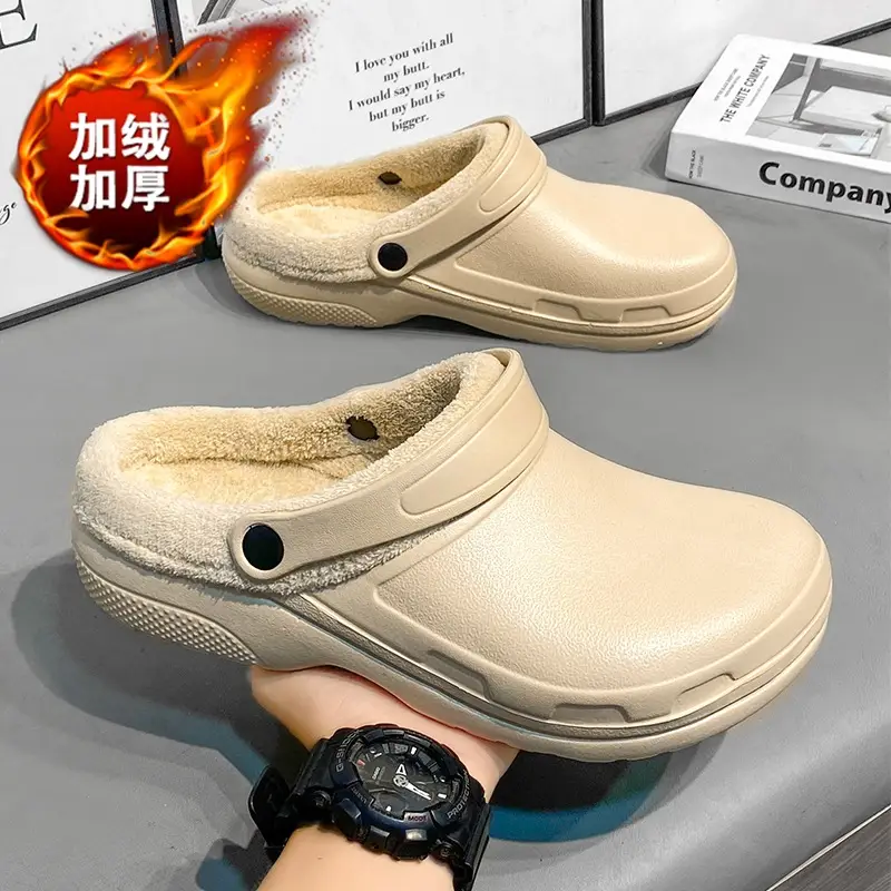 Cross-border plus size Winter fleece-lined Warm Baotou Cotton Slippers Men's Thick-soled Lazy Slip-on Waterproof Kitchen Work Shoes - Image 3
