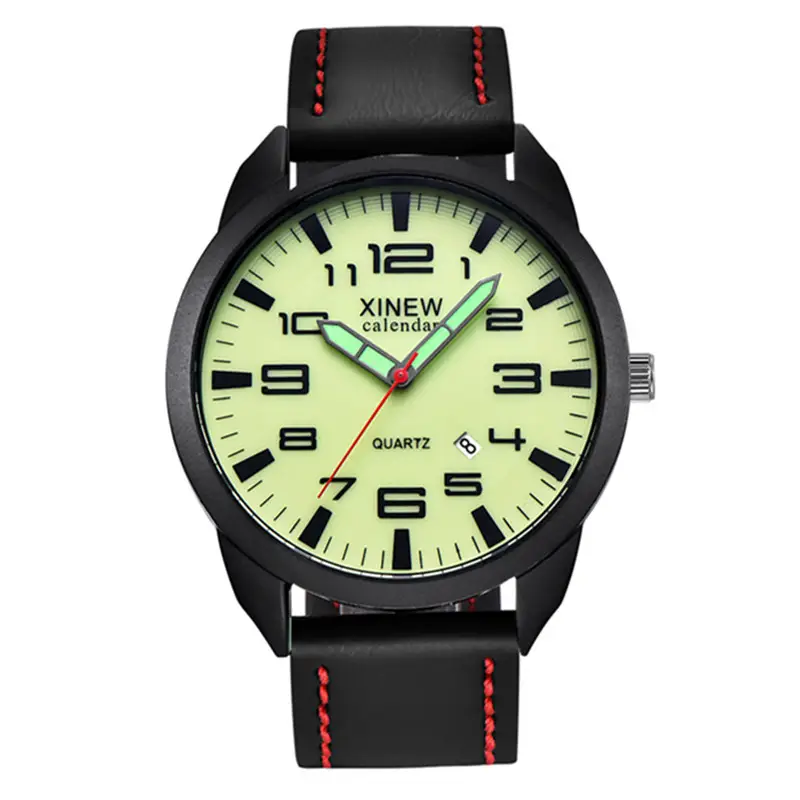 Men's Black Quartz Calendar Watch with Red Belt