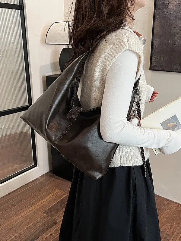 Women's Large Capacity Grey Leather Tote Bag - Image 7