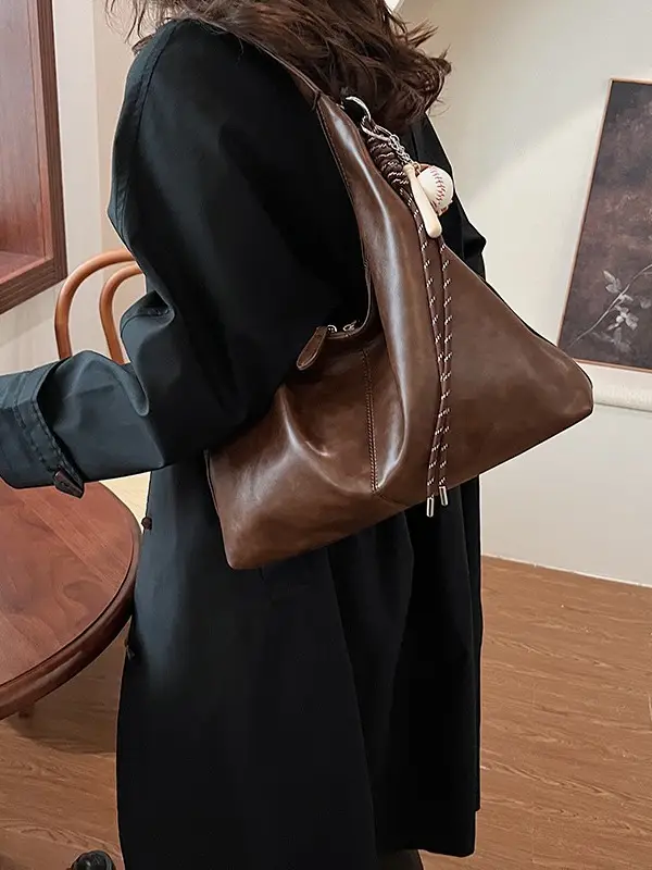 Women's Large Capacity Grey Leather Tote Bag - Image 8