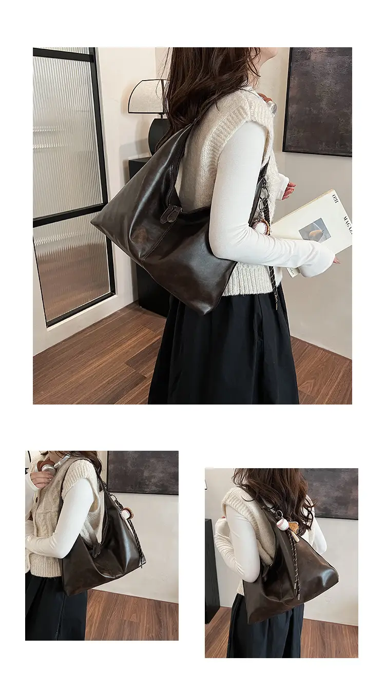 Women's Large Capacity Grey Leather Tote Bag — feature 17