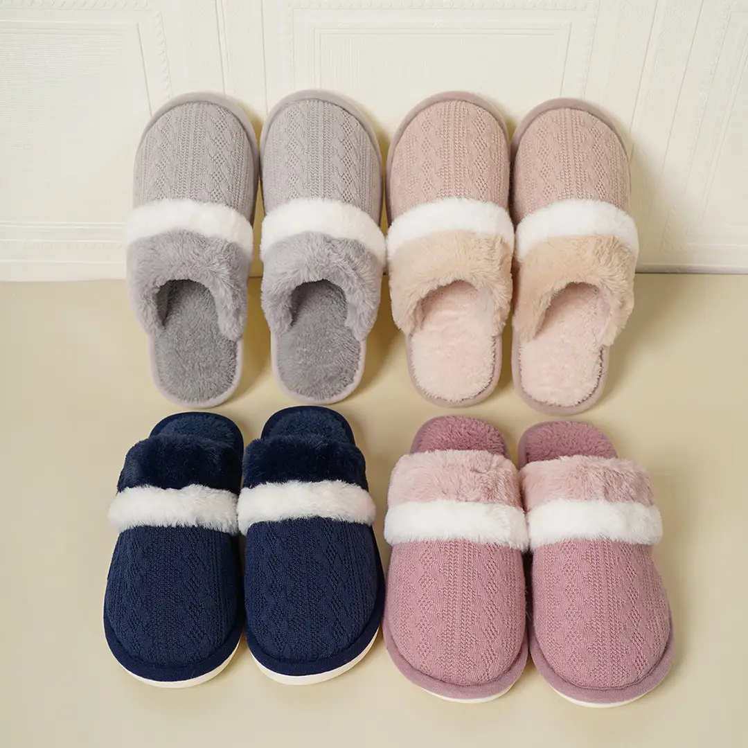 Cross-Border Wholesale Winter Furry Slippers for Home Use, Non-Slip, Warm, Plush, Thick-Soled, Couple Style Cotton Slippers